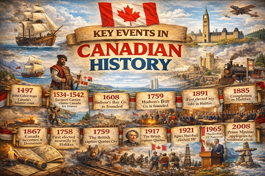 Key events in Canadian history — illustrated timeline, study page