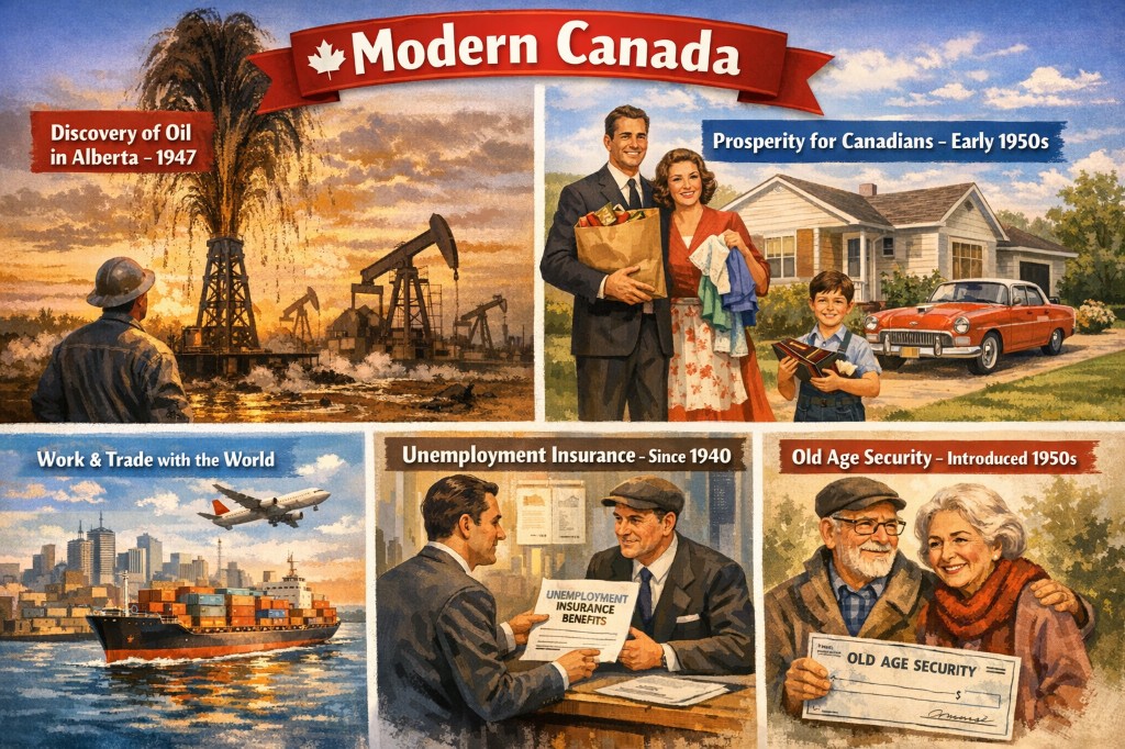Modern Canada — oil in Alberta, post-war prosperity, trade, unemployment insurance, old age security
