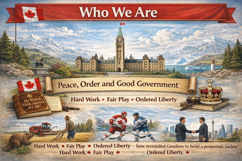 Who We Are — Parliament Hill, BNA Act, hockey, beaver, Canadian identity collage